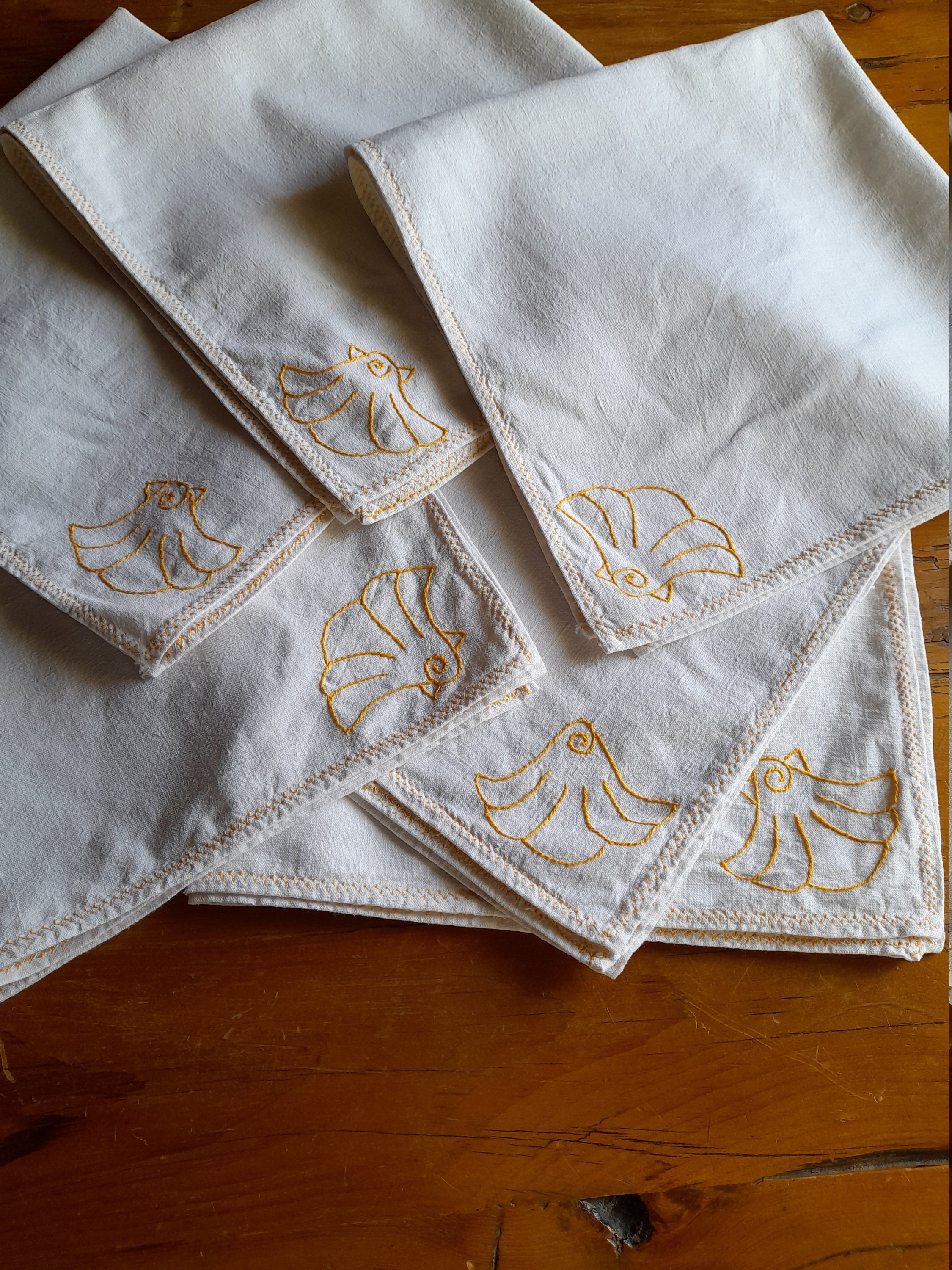 Coquillages, Bel Ensemble de 6 Grandes Serviettes Vintage - Français Brodées à La Main en Coton, Tab