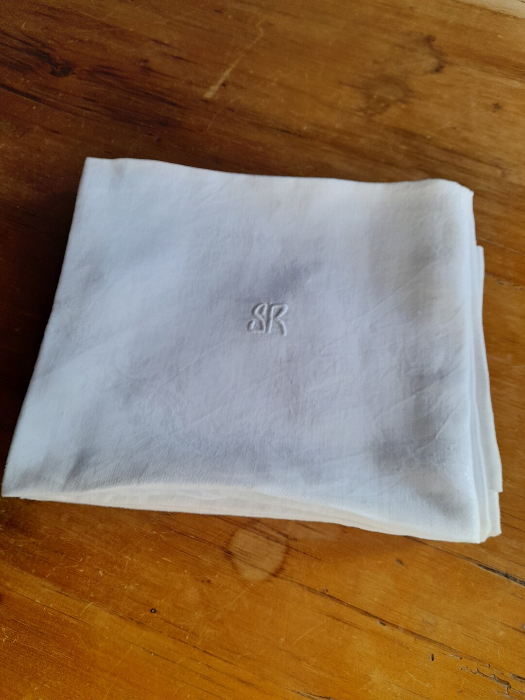 Six Lovely Old Large White Cotton Damask Napkins With Monogram sr