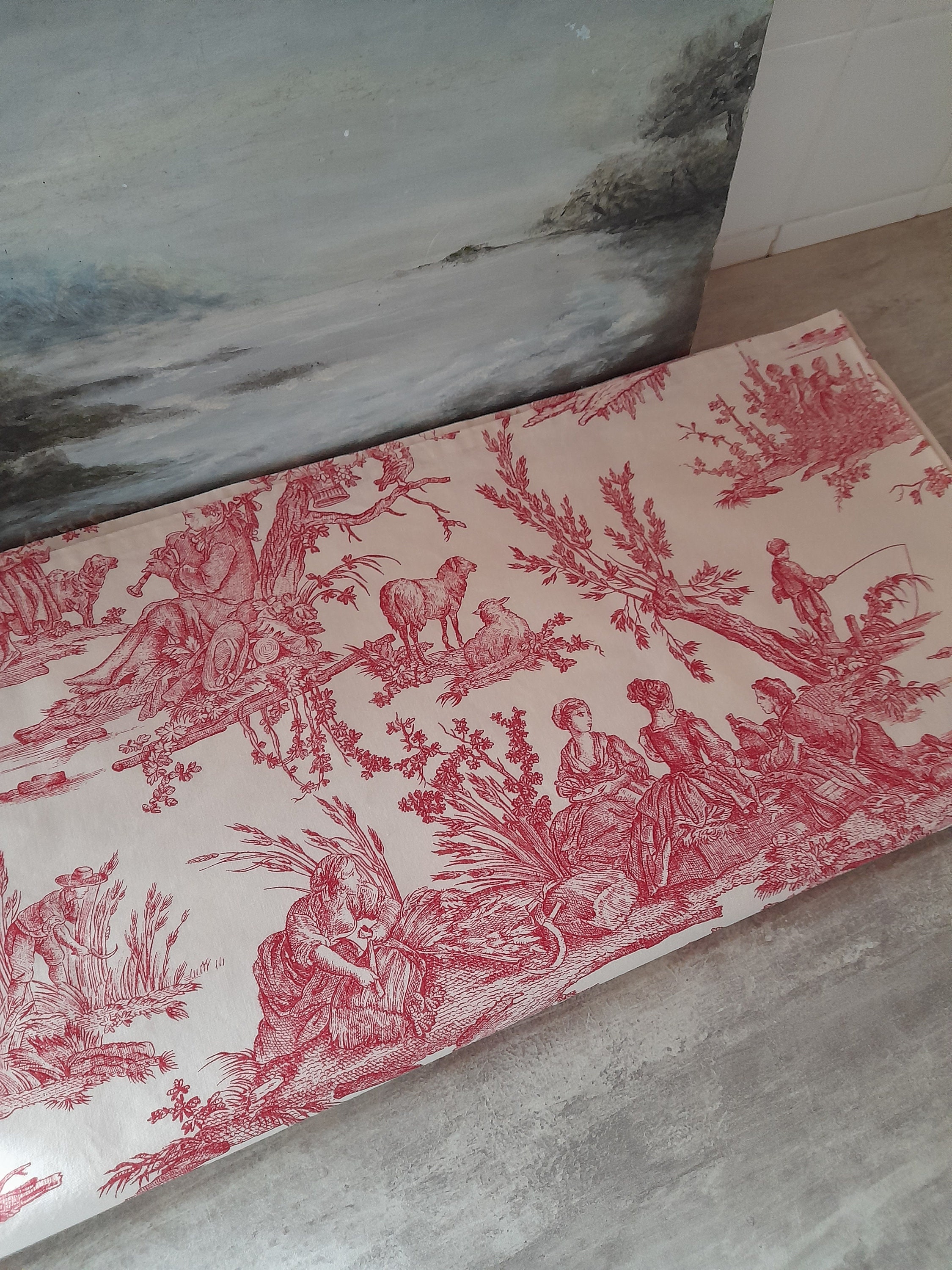  Living Coral Toile de Jouy Fabric, French Vintage