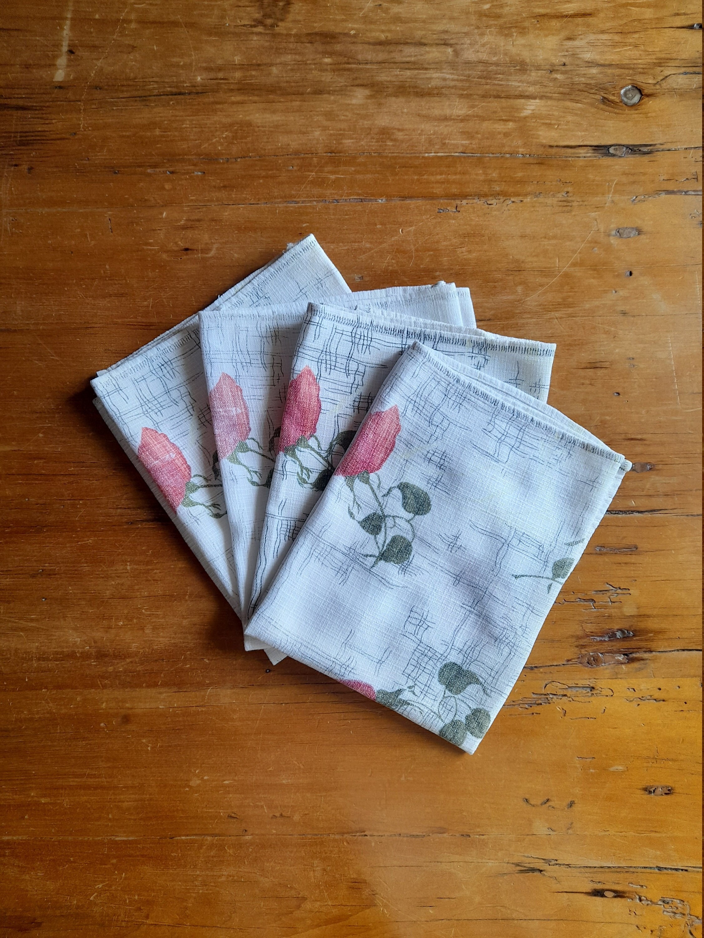 Bel Ensemble de Quatre Serviettes Florales Vintage - Français Coton Roses Roses, 45, 5 X 40, 5 cm
