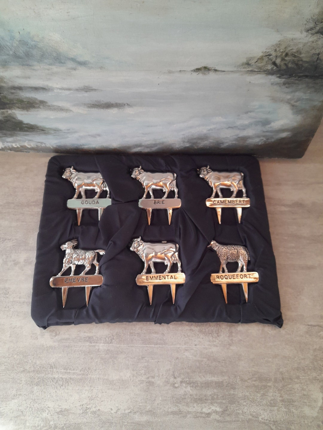 French Cheese Markers Silea, Six Sweet Vintage Metal Set, Animals, Cheese Names, for Your