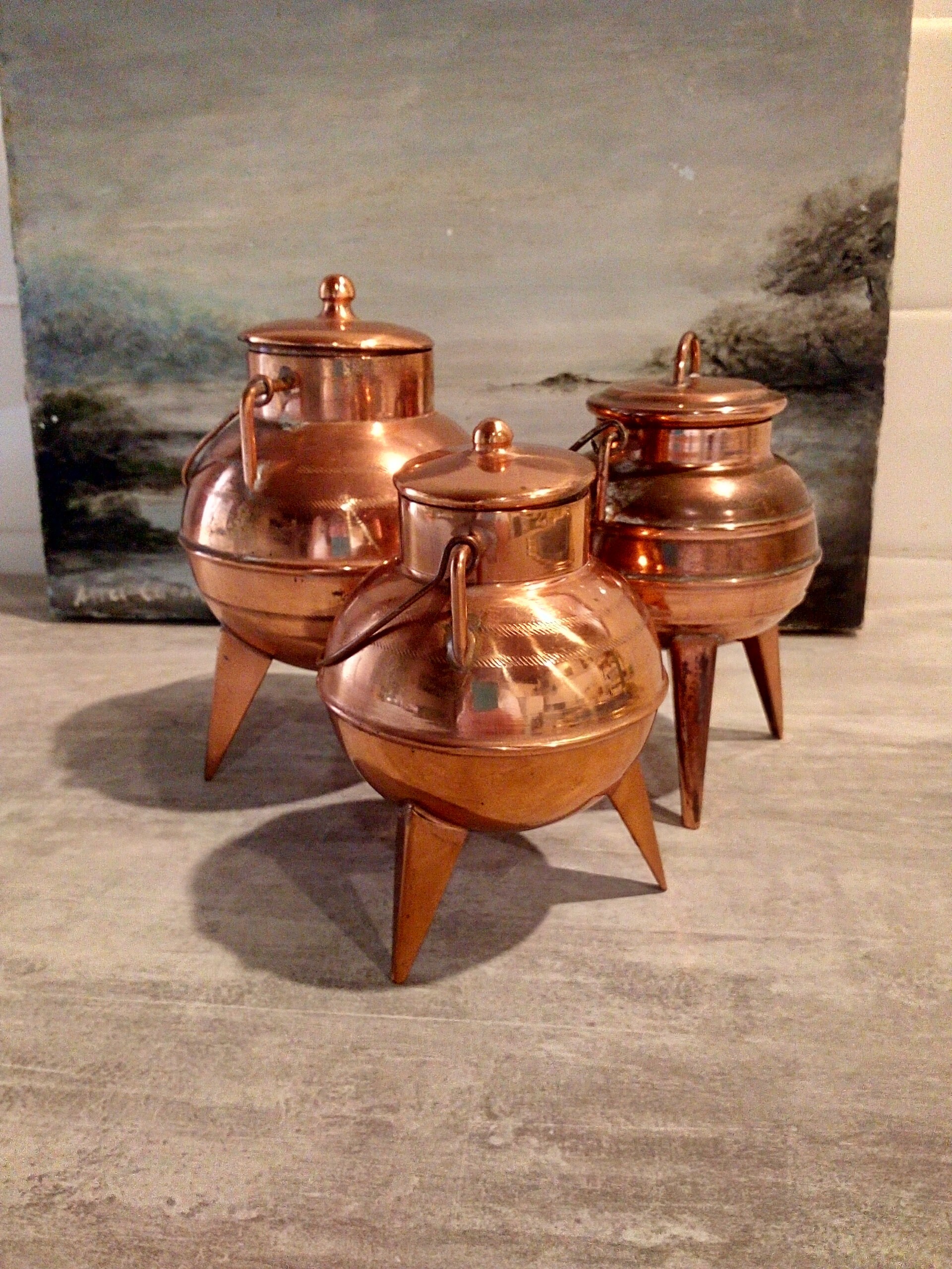Trois Petits Pots en Cuivre avec Couvercles et Poignées - Pots Léger Vintage Portugais Ensemble Grad
