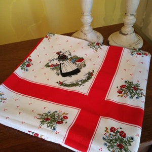 Vintage French tablecloth, red and white cotton, regions of France, Brittany, Alsace, Normandy, Provence, Savoy, Auvergne, 147 x 139 cm