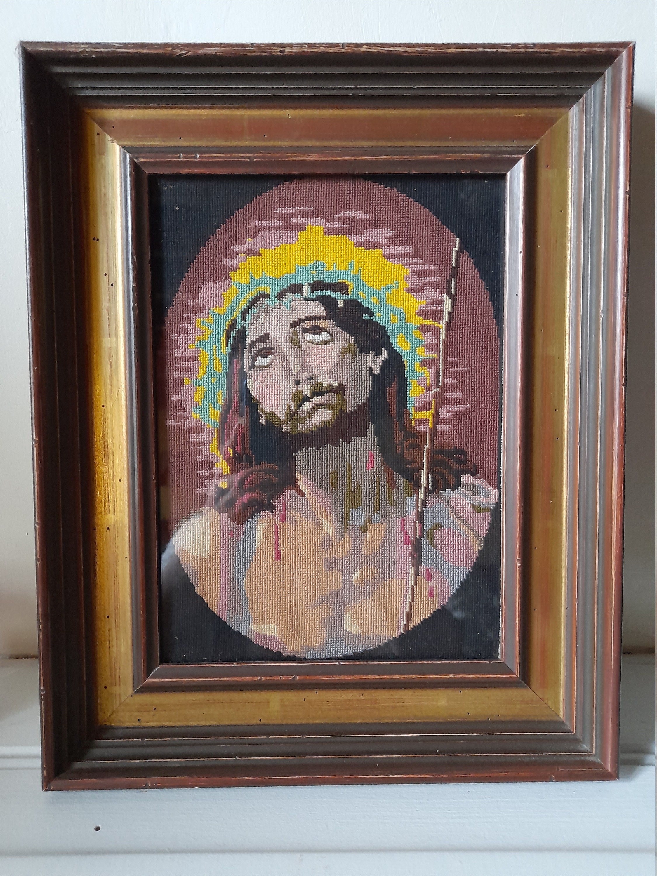 Tapisserie Fine Vintage de Jésus - Une Tapisserie Vitrée Encadrée en Bois Décor Mural Français