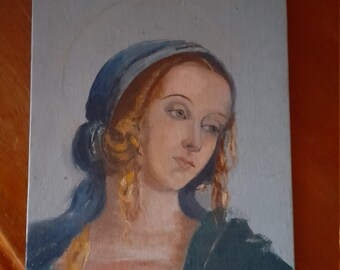 Virgin/saint, religious vintage unframed oil painting - painted on canvas board, bought in France, 19.2 X 24.2 cm