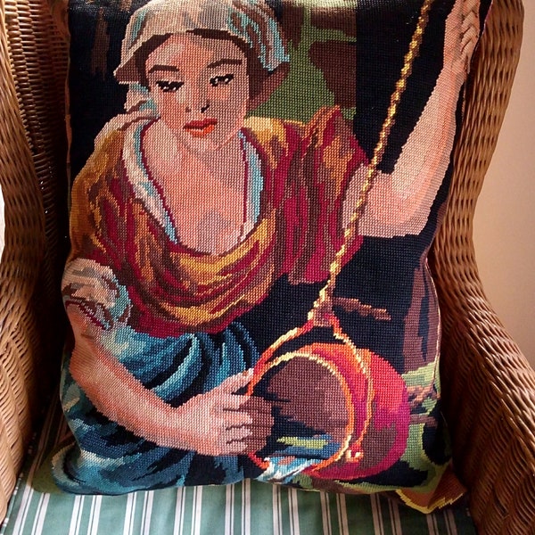 Grand coussin tapisserie vintage fait main - cousu main - tapisserie vintage