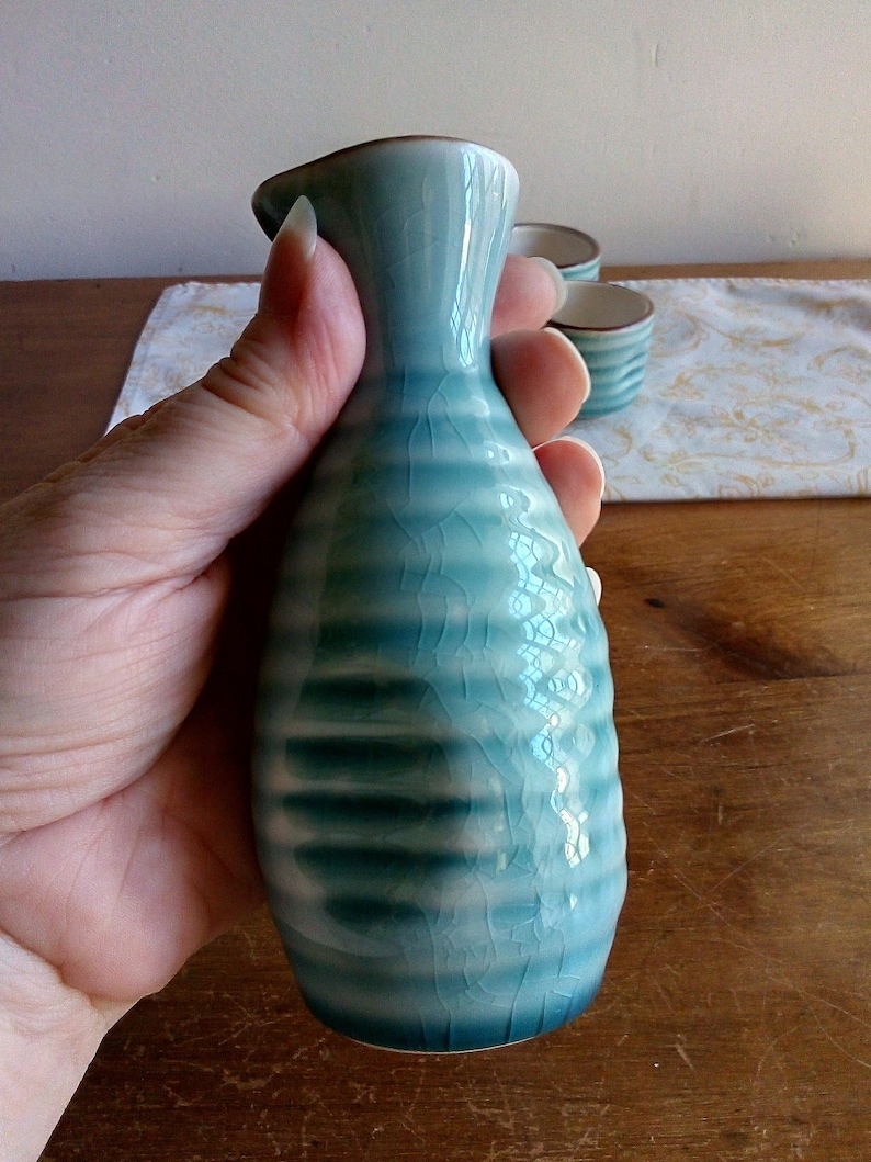 greeny blue liqueur set pretty crackle- glazed small ceramic pourer and three cups Sak\u00e9 set