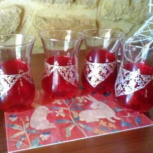 Four hand decorated Moroccan style glasses - vintage set of 4 French shot or liqueur glasses