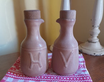 Pretty vintage grès pottery oil and vinegar carafes with stoppers