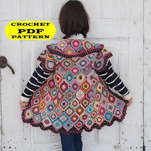 EASY Crochet PATTERN, Colored Mystrical Lantern Cardigan, Easy crochet coat, Bohoemian crochet, Sweater with hood, Sleeveless Cardigan PDF
