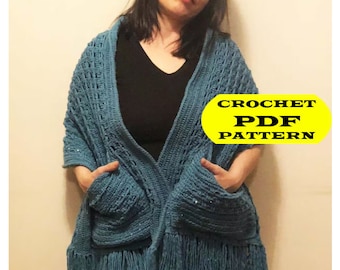 EASY Tunisian Crochet Shawl PATTERN, Tunisian Crochet Pattern, Womens Scarf Pattern, Crochet Wrap with Pockets, Crochet Patterns DIY