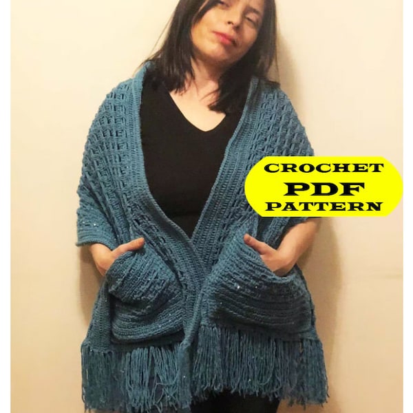 EASY Tunisian Crochet Shawl PATTERN, Tunisian Crochet Pattern, Womens Scarf Pattern, Crochet Wrap with Pockets, Crochet Patterns DIY