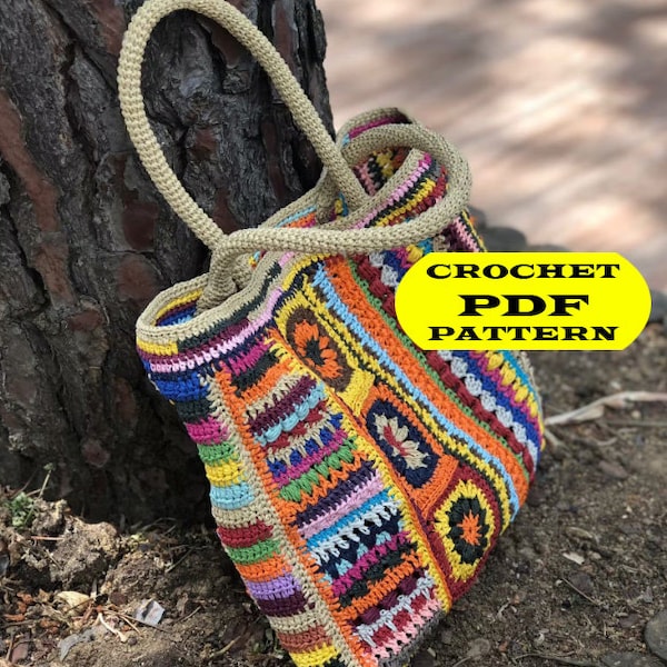 Granny Square Crochet Tote Bag Pattern: Colorful Afghan Shoulder Bag (PDF)