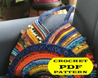 Gypsy bag, Crochet Bag Pattern with Pompom Stripes & Colorful Sequins, Boho-Chic, Craft a Unique Crochet Bag! Elevate Your Style, DIY,