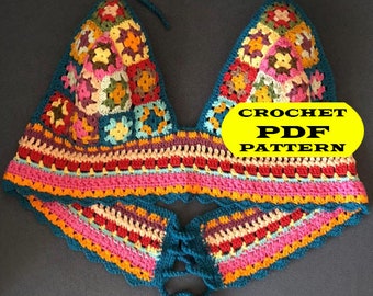 Crochet Bikini Pattern, Easy Crochet Pattern, Granny Square Bikini, Carnaval Bikini Top, Crochet Tops, Hippie Bikini, Retro Bikini Top, DIY