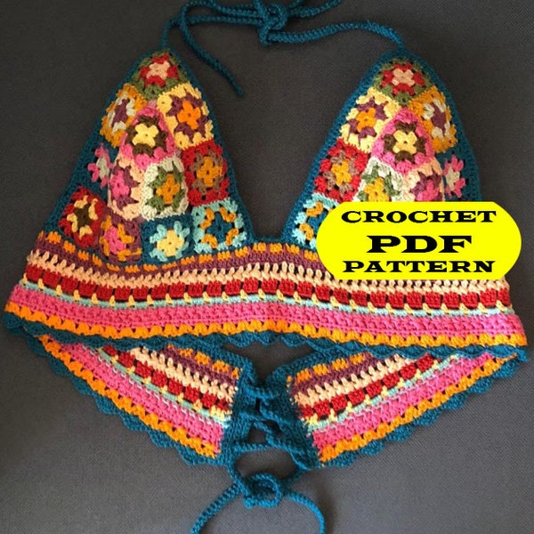 Crochet Bikini Pattern, Easy Crochet Pattern, Granny Square Bikini, Carnaval Bikini Top, Crochet Tops, Hippie Bikini, Retro Bikini Top, DIY