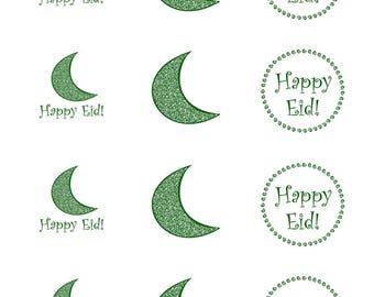 Printable Happy Eid Holiday Crescent Moon 2 inch sticker designs for cupcake toppers and crafts [Digital File for Instant Download]