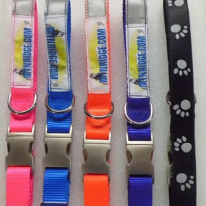 Puede incluir: Cinco collares para perros en diferentes colores, incluyendo rosa, azul, naranja, morado y negro. Los collares tienen tiras reflectantes y una hebilla plateada. Los collares son todos del mismo tamaño y tienen el texto "MYNRIDGE.COM" impreso en ellos.