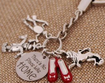 Wizard of Oz Keychain: Ruby Slippers, Scarecrow, Lion Charms - Custom Name