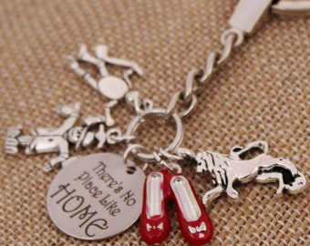 There's No Place Like Home, Wizard of Oz Inspired, Ruby Slippers, Scarecrow Custom Name Charm Key Fob Key Chain, Custom Name Charm Keychain