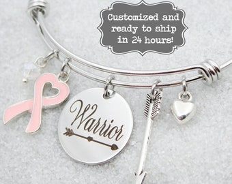 Warrior Bangle Charm Bracelet: Breast Cancer Awareness, Pink Ribbon