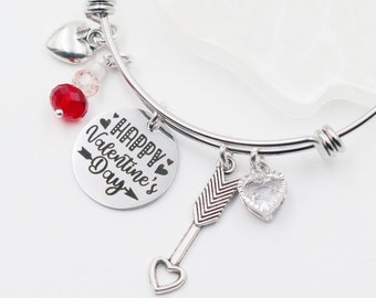 Valentine's Day Bangle Bracelet: Engraved Heart Charm, Wife Gift