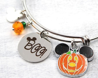 Mickey Mouse Halloween Bracelet: Pumpkin Charm Bangle, Engraved 'Boo!'