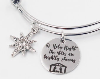 O Holy Night Bangle Bracelet: Rhinestone Star, Engraved Nativity Disc
