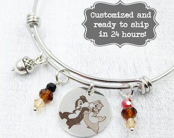 Chip & Dale Bangle Bracelet – Engraved Stainless Steel, Acorn Charm