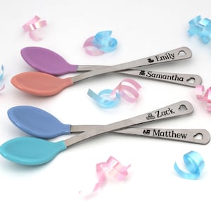 Baby Spoons Custom Engraved baby&#39;s name, Baby Shower Gift, Present, Personalized Baby Safety Spoon, Munchkin White Hot,  Pregnancy Reveal