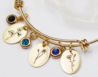 Birth Flower Bracelet: Gold Stainless Steel Bangle, Birthstone Charm