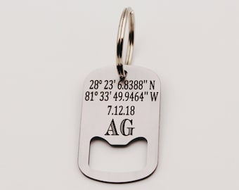 Custom GPS Coordinates, Date, Initials, Personalized Latitude Longitude Bottle Opener Keychain, Stainless Steel, Laser Engraved Key Chain