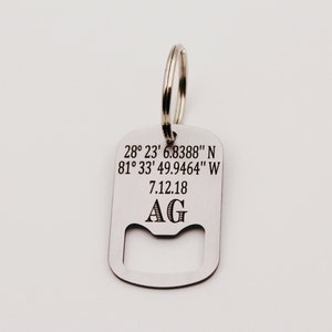 Custom GPS Coordinates, Date, Initials, Personalized Latitude Longitude Bottle Opener Keychain, Stainless Steel, Laser Engraved Key Chain