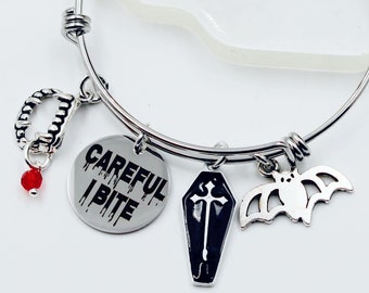 Vampire Charm Bangle Bracelet, Bat, Coffin, Halloween Jewelry