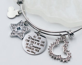 All Our Dreams Can Come True If We Have The Courage To Pursue Them - WALT DISNEY quote, 2021, Custom Name Charm Bracelet, Graduation Gift