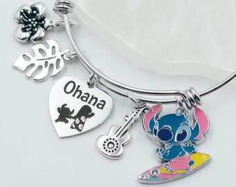 Lilo & Stitch Inspired Charm Bracelet: Ohana Family Bangle, Custom Name