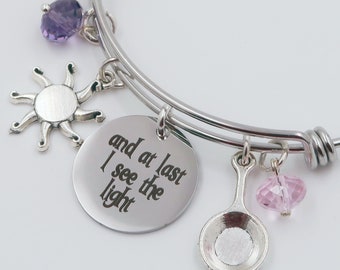 Rapunzel Inspired Charm Bracelet: Engraved Stainless Steel Bangle