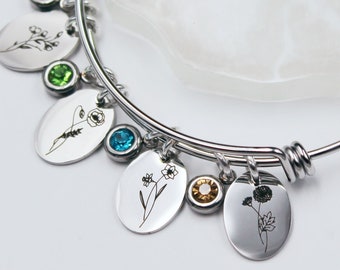 Birth Flower Bracelet: Personalized Engraved Charm, Birthstone Jewelry