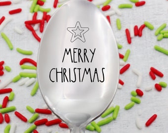 Merry Christmas Spoon, Teaspoon, Tablespoon, Custom Name Spoon, R Dunn inspired, Star Spoon, White Elephant Gift, Child spoon, Hostess Gift