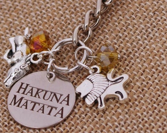 Lion King Hakuna Matata DISNEY Inspired, Lion and Warthog Key Fob Key Chain, Custom Name Charm Keychain