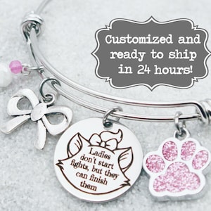 Aristocats Marie Quote, Ladies don't start fights but they can finish them, Disney inspired bangle bracelet with cat charm