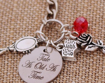 Beauty and The Beast Inspired Keychain: Engraved Charm, Rose, Book
