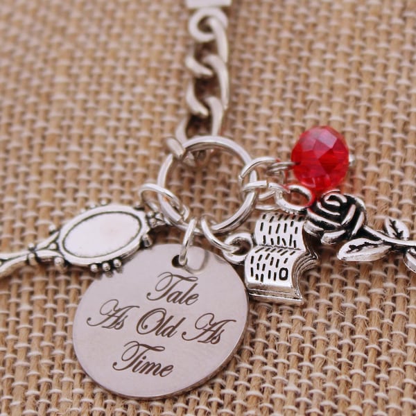 Beauty and The Beast Inspired Keychain: Engraved Charm, Rose, Book