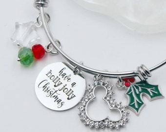 Mickey Mouse Christmas Bangle Bracelet: Engraved Charm, Holly, Rhinestone