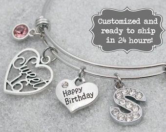 Sweet Sixteen Happy Birthday Bangle Bracelet, Birthstone color and initial, Personalized Birthday Bracelet 16 year old