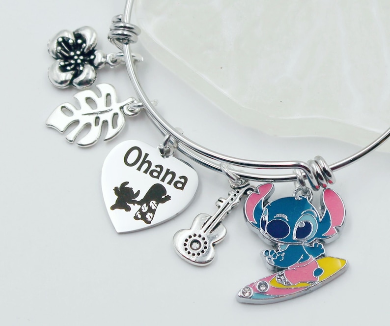 Lilo & Stitch Inspired Charm Bracelet: Ohana Family Bangle, Custom Name image 1