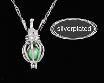 Silver Plated Princess Crown Pearl Cage Necklace, 18" Chain