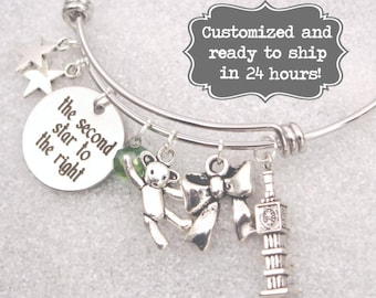 Peter Pan Charm Bracelet – Engraved Second Star, Disney Inspired Bangle