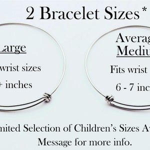 May include: Image showing two silver-colored bangle bracelets. The text indicates two sizes: Large, fitting 7+ inch wrists, and Average Medium, fitting 6-7 inch wrists. Additional text mentions a limited selection of children's sizes.