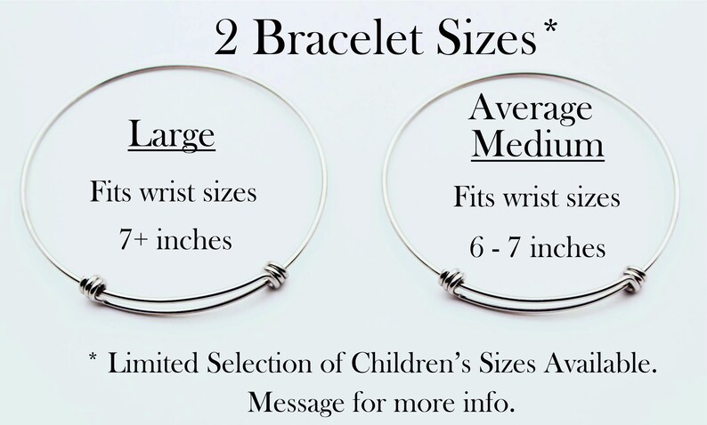 May include: Image showing two silver-colored bangle bracelets. The text indicates two sizes: Large, fitting 7+ inch wrists, and Average Medium, fitting 6-7 inch wrists. Additional text mentions a limited selection of children's sizes.